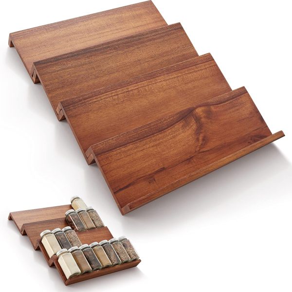 Acacia Spice Rack Organizer for Drawer - Wooden Tray Spice Racks Organizer for Cabinet Storage Shelf - 4 Tier Spice Rack Organizer for Drawer (Acacia Wood pack 4)